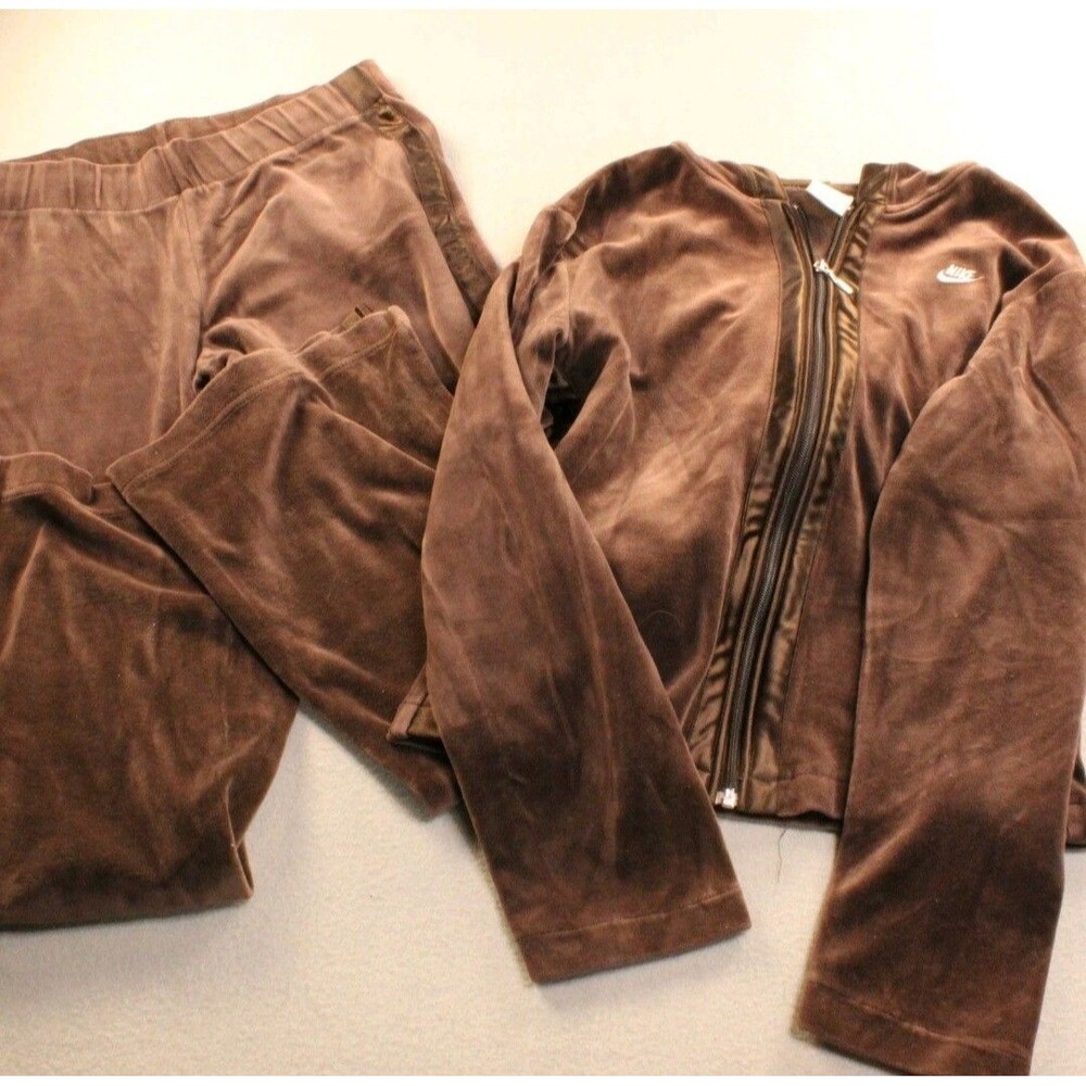 Vintage NIKE Plush Velour Brown 2pc Yoga Leisure TRACKSUIT Jacket Lg/Pants Med